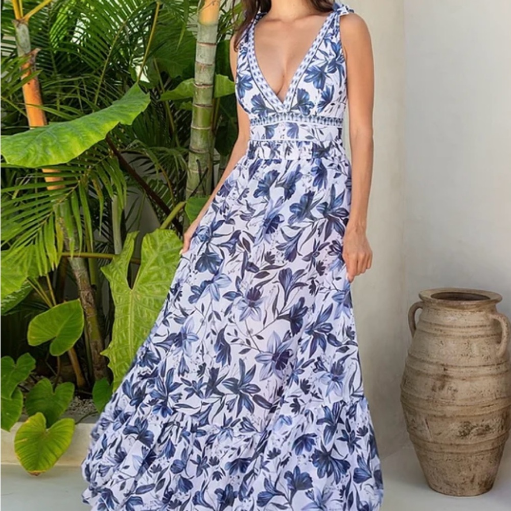 Elegant Blue and White One Piece Swimsuit with Floral Design & matching coverup